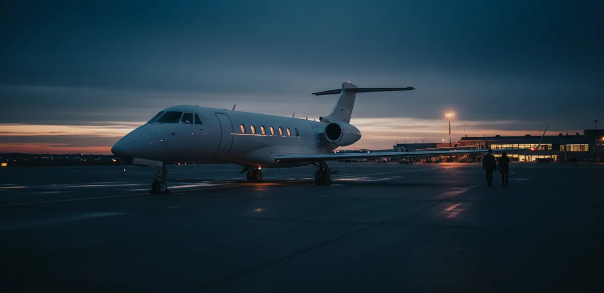 A white private jet sits on an empty airport tarmac at sunrise.
