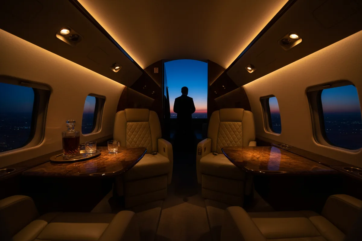 The luxurious interior of a private jet cabin with leather seats, lit by warm light at dusk.