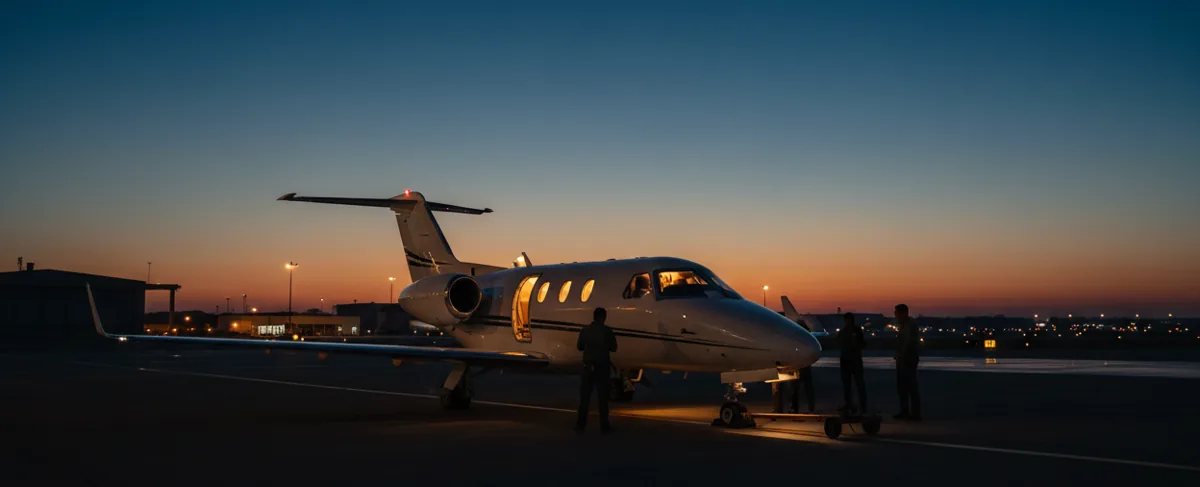 A small light jet on an airport apron at twilight, with its interior lights glowing.
