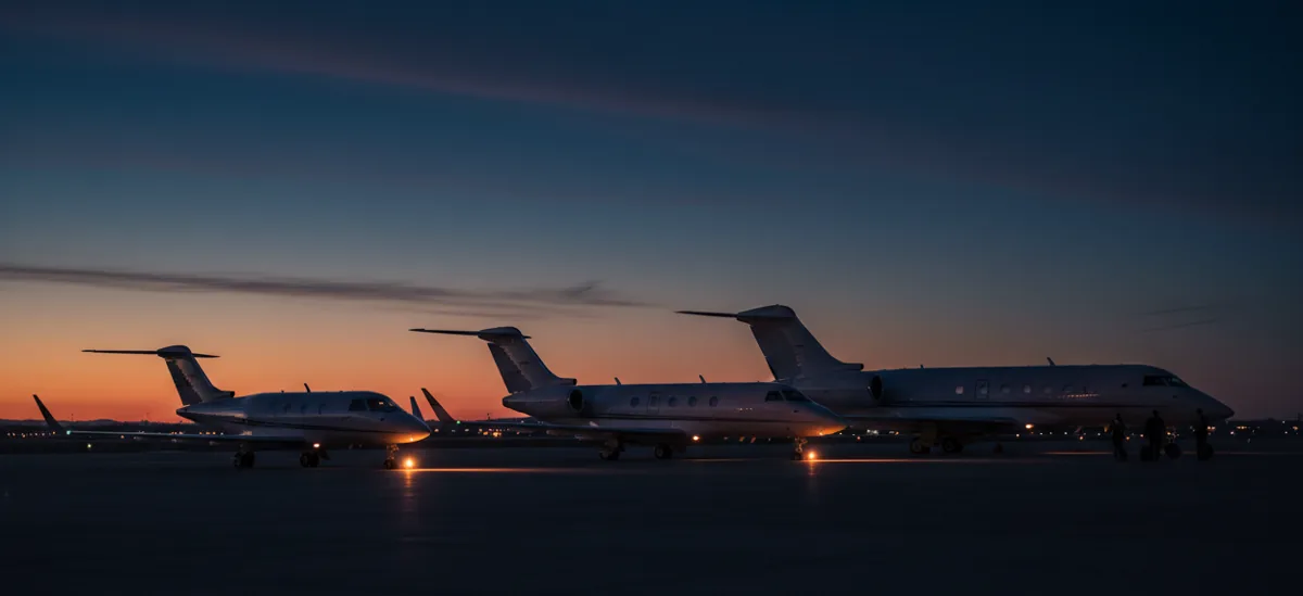 Three private jets of different sizes parked on a tarmac at dusk.