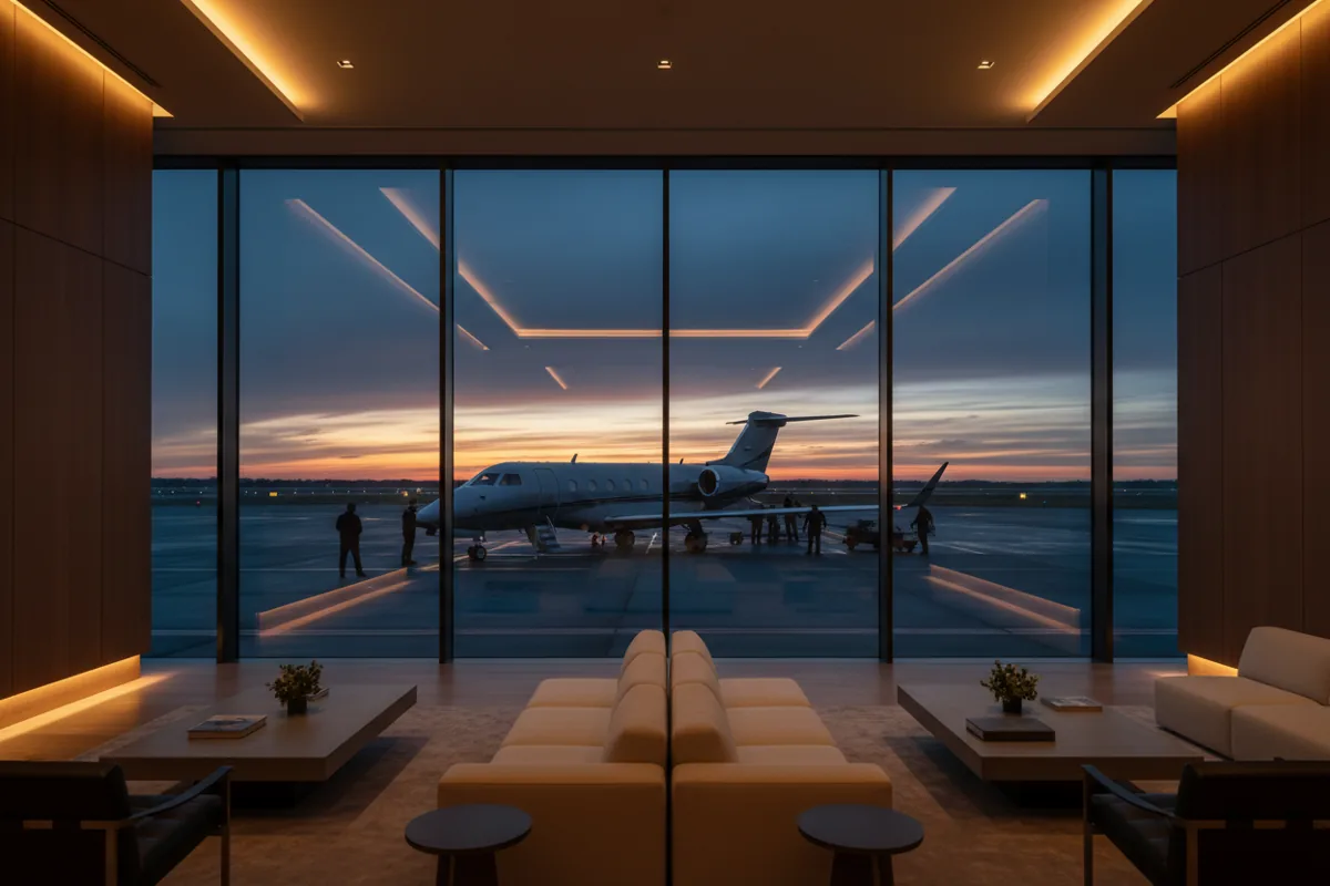 A private jet seen through the window of a modern airport lounge at twilight.