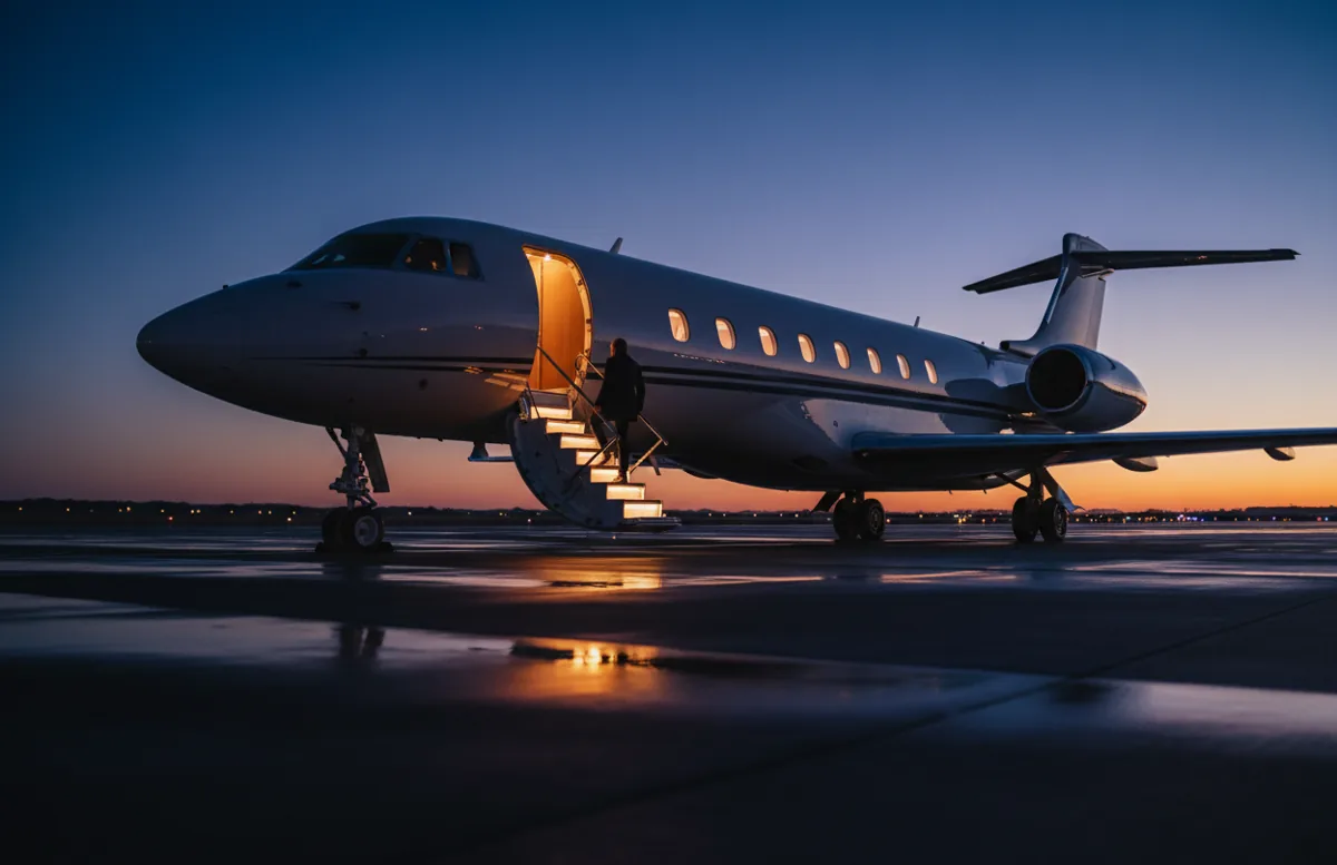 A passenger boards a private jet via illuminated stairs at night.