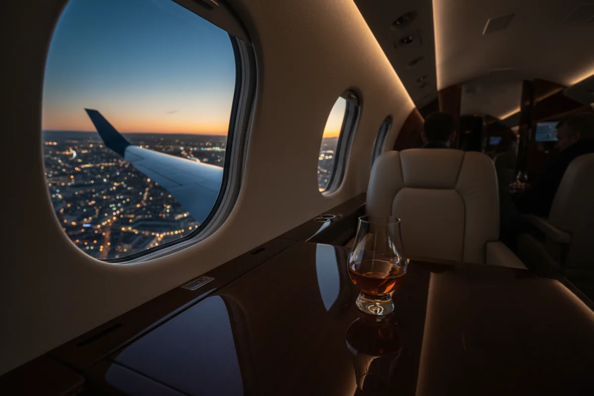 View from a private jet window at night, showing the wing and a city's lights below.