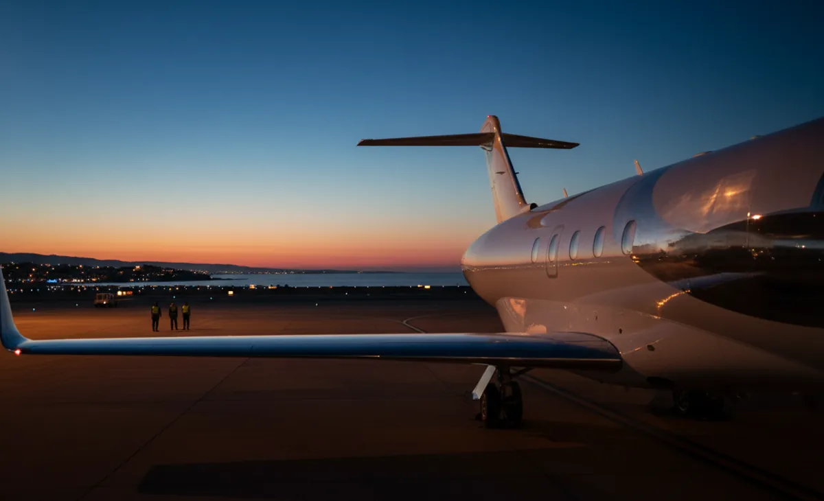 A private jet parked at a coastal airport in Europe at dusk.