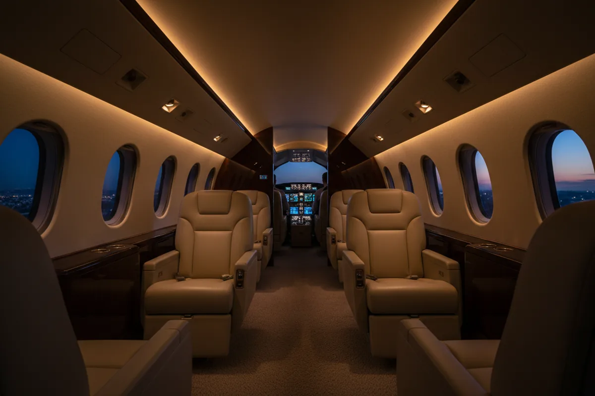 The luxurious interior of a private jet cabin with comfortable leather seats, seen at twilight.