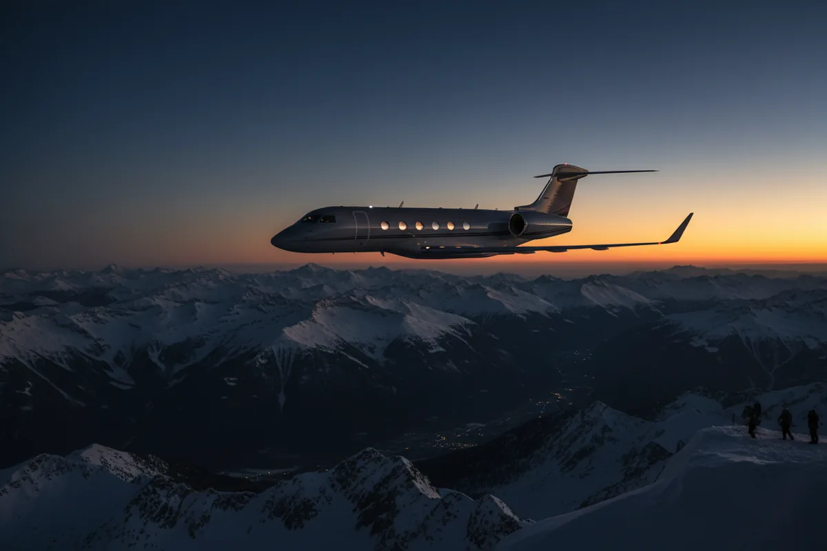 A private jet in flight over a snowy mountain range just after sunset.