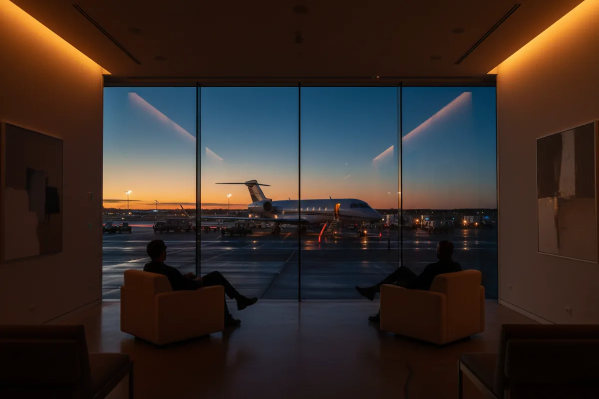 Two people in a luxury airport lounge look out at a private jet on the tarmac at dusk.