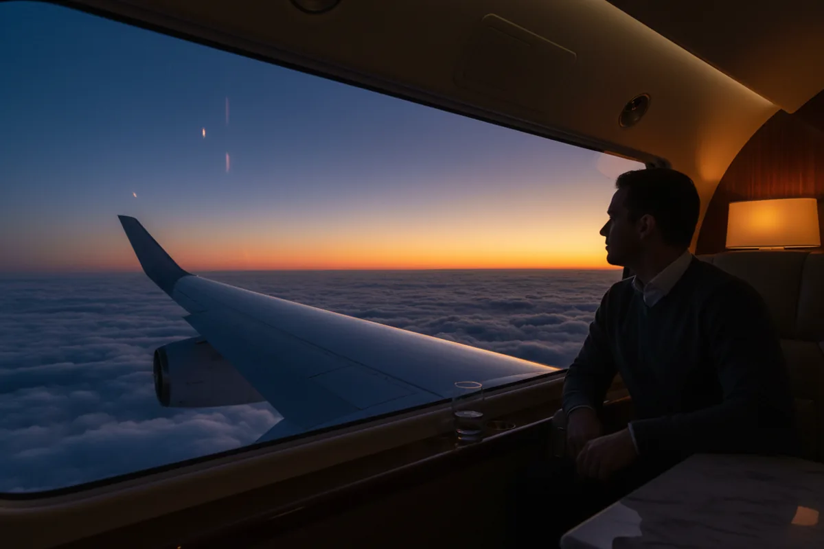 View from a private jet window, looking out at the wing and clouds at twilight.