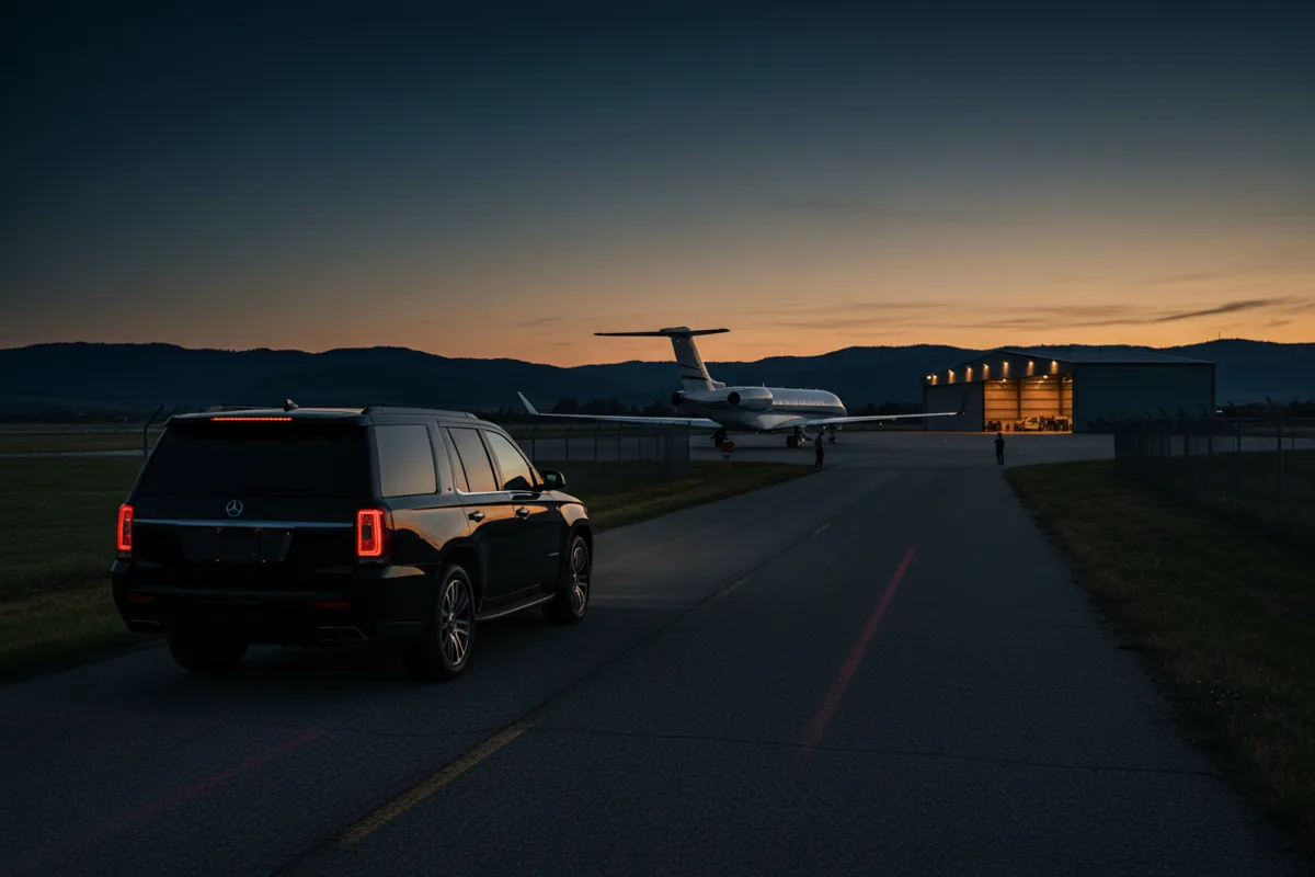 A black SUV leaving a private airfield at blue hour with a business jet parked in the background.