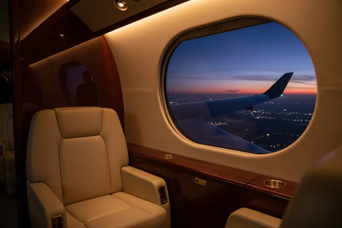 The interior of a luxurious private jet cabin at twilight, looking out the window at the wing.