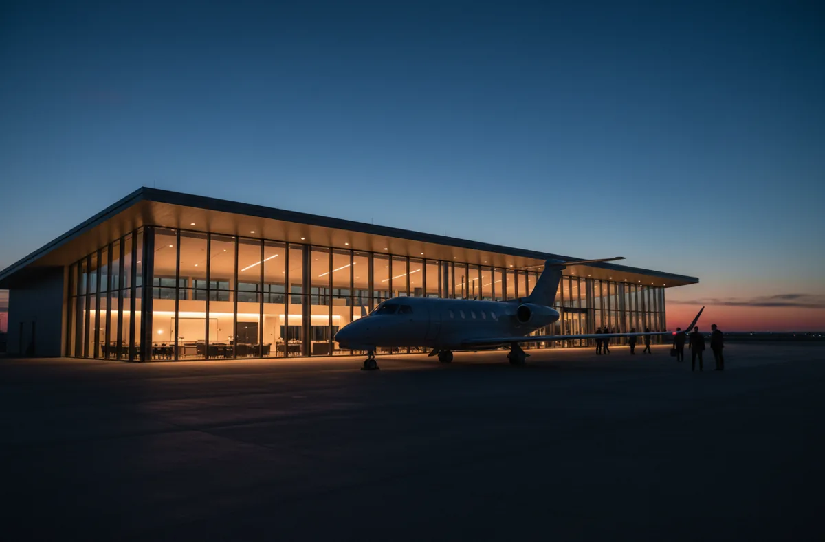 A modern private jet terminal with glowing windows at dusk.
