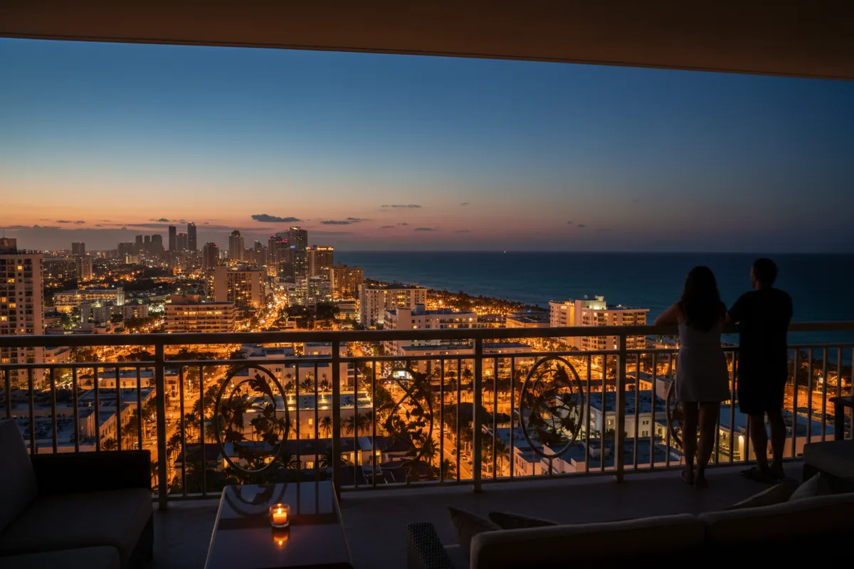A view of Miami Beach at dusk from a high-rise balcony, with city lights glowing.
