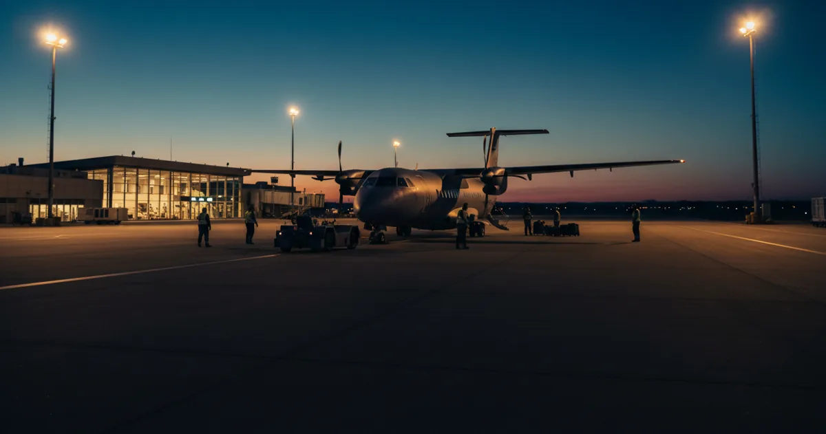 A turboprop airplane on an airport tarmac at dusk under warm floodlights.