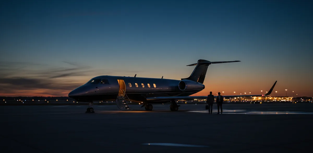A private jet on an airport tarmac, bathed in the warm light of a golden hour sunset.