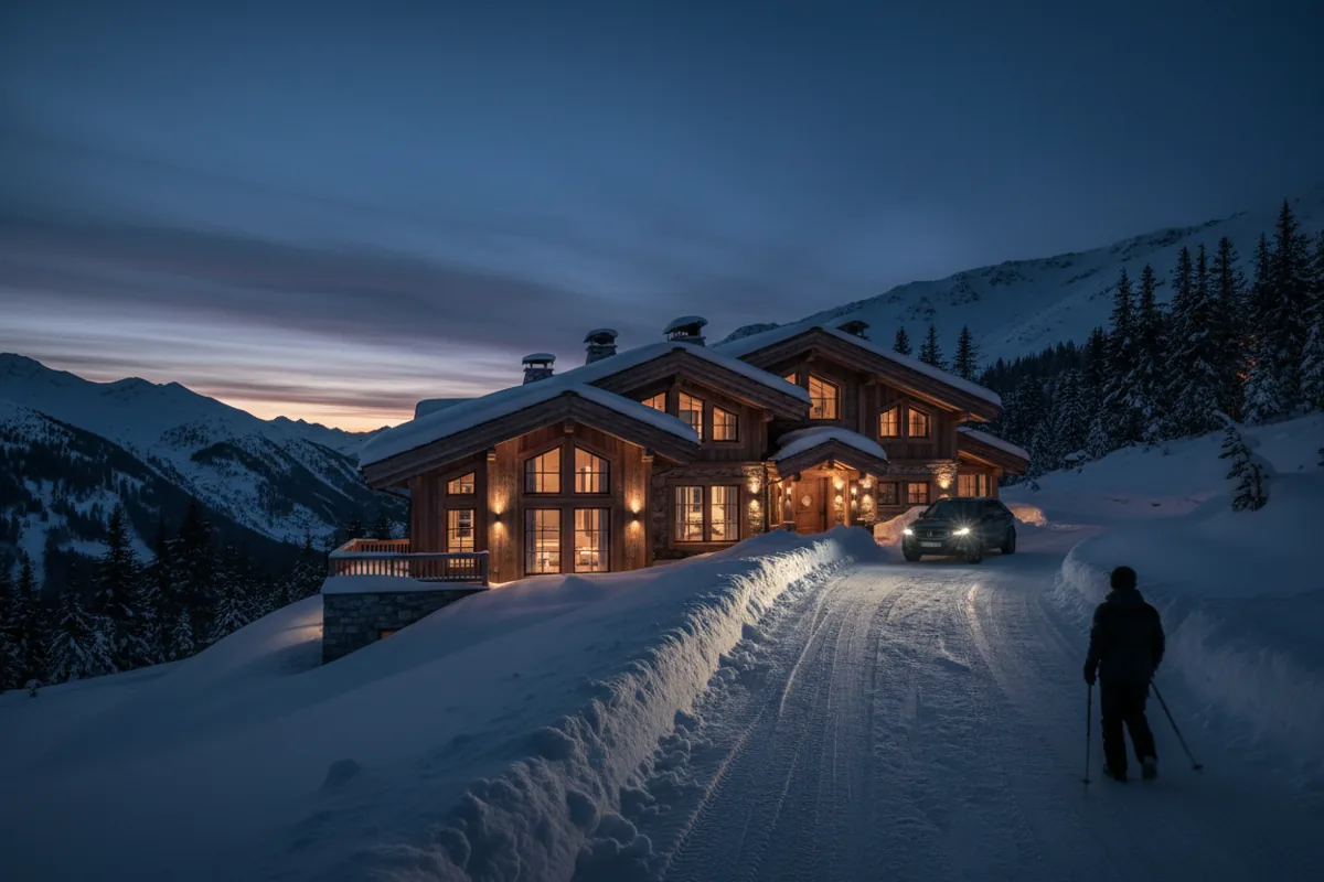A warmly lit ski chalet nestled in a snowy mountain landscape at twilight.