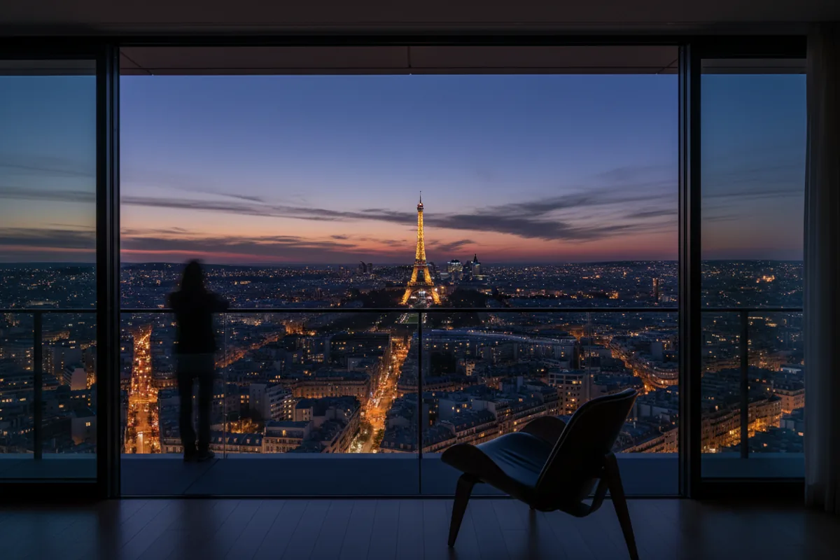 The Paris skyline and Eiffel Tower seen from a high-rise window at dusk.