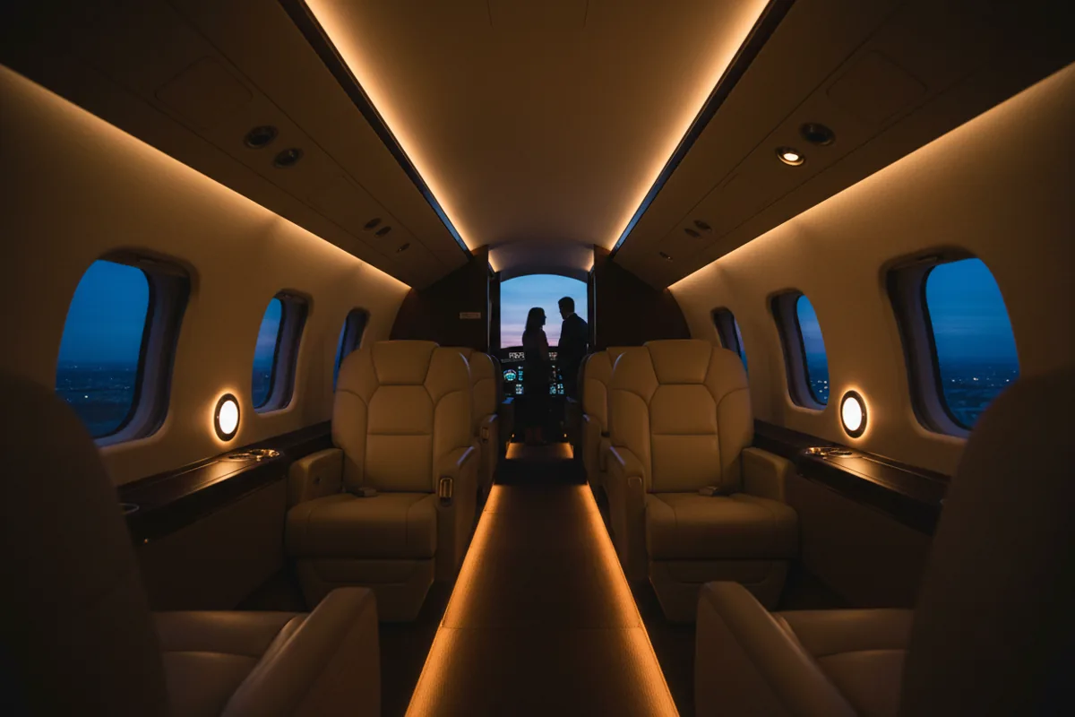 The empty, luxurious interior of a private jet cabin at dusk.