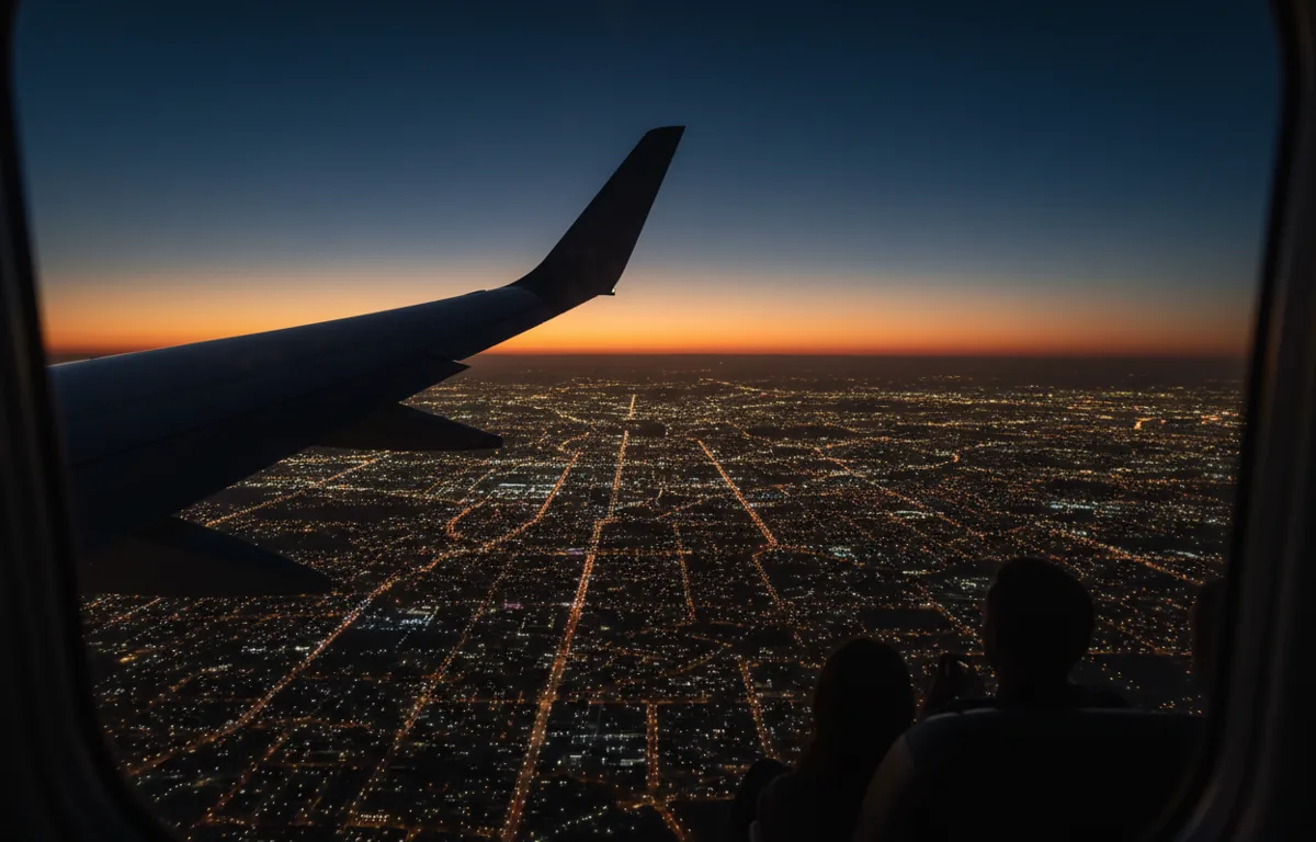 Aerial view of a city's lights at night from an airplane window.