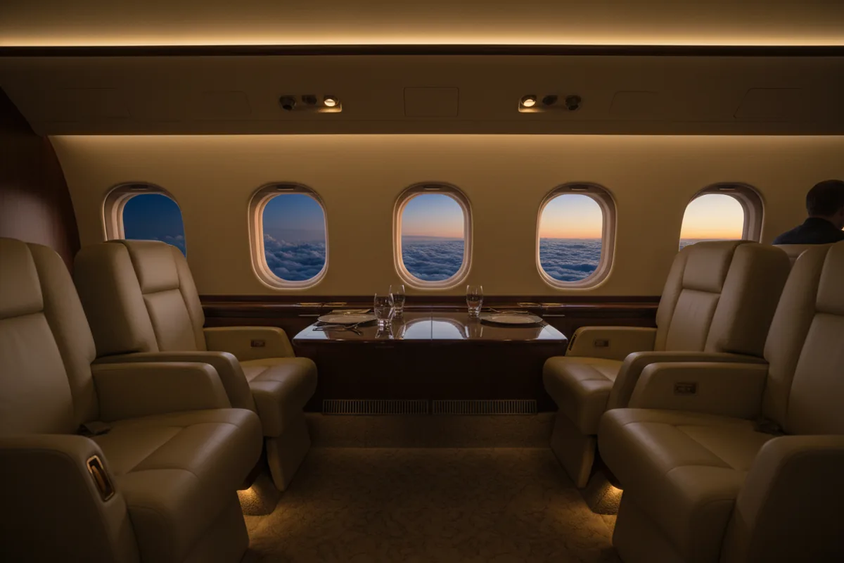 The empty, luxurious interior of a private jet cabin in flight at night.