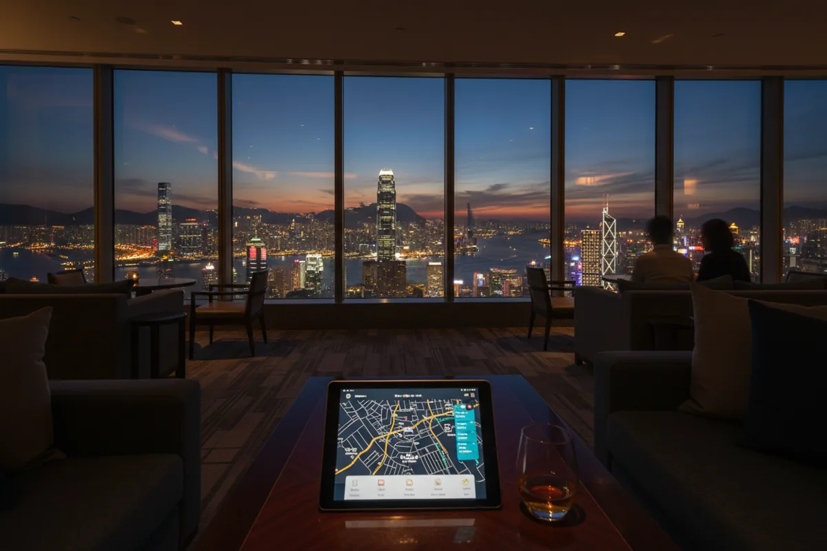 A tablet device on a table in a lounge overlooking the Hong Kong skyline at dusk.