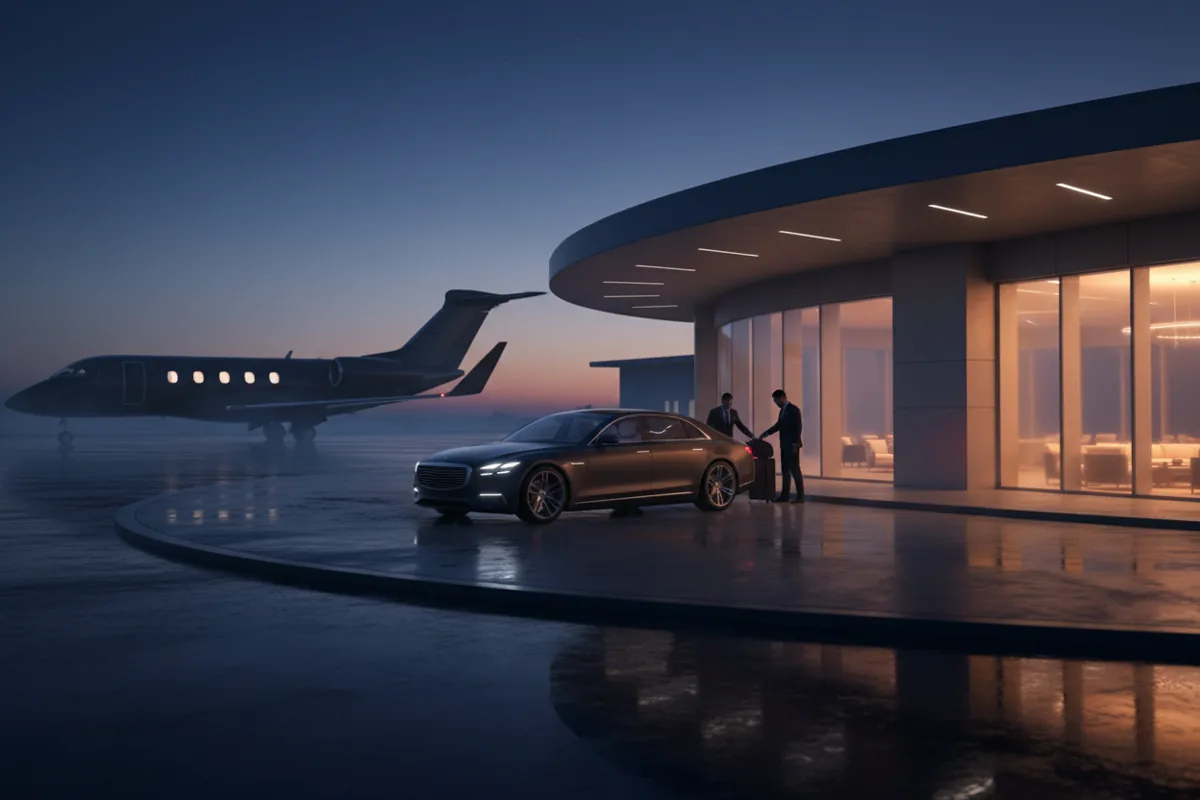 A car arriving at a modern private airport terminal at night.