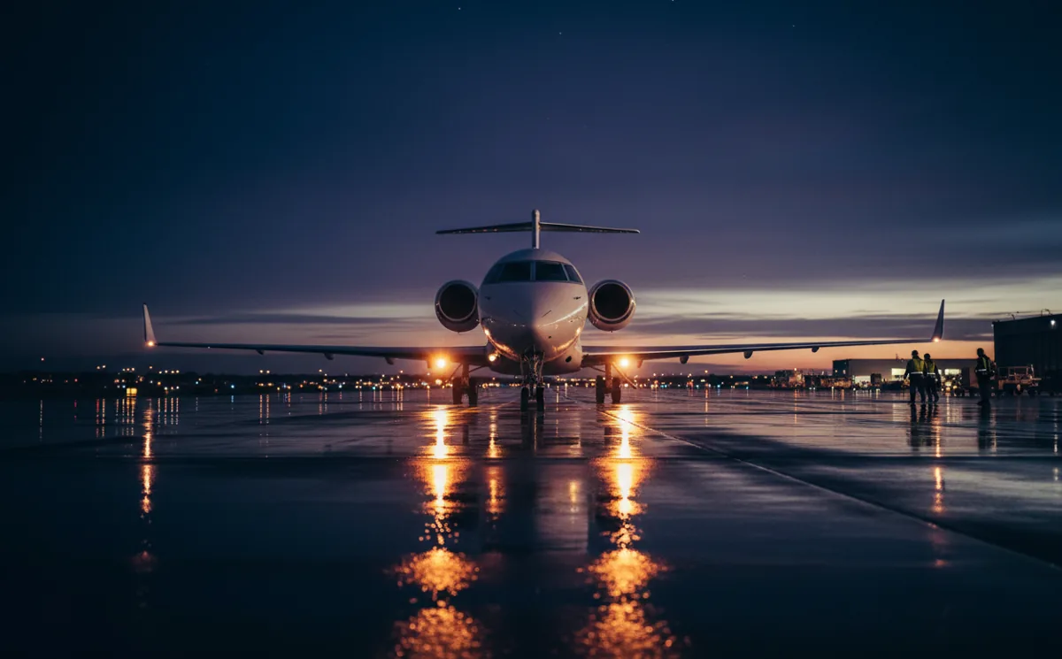 A long-range private jet on a runway at dusk, its lights glowing against the dark blue sky.