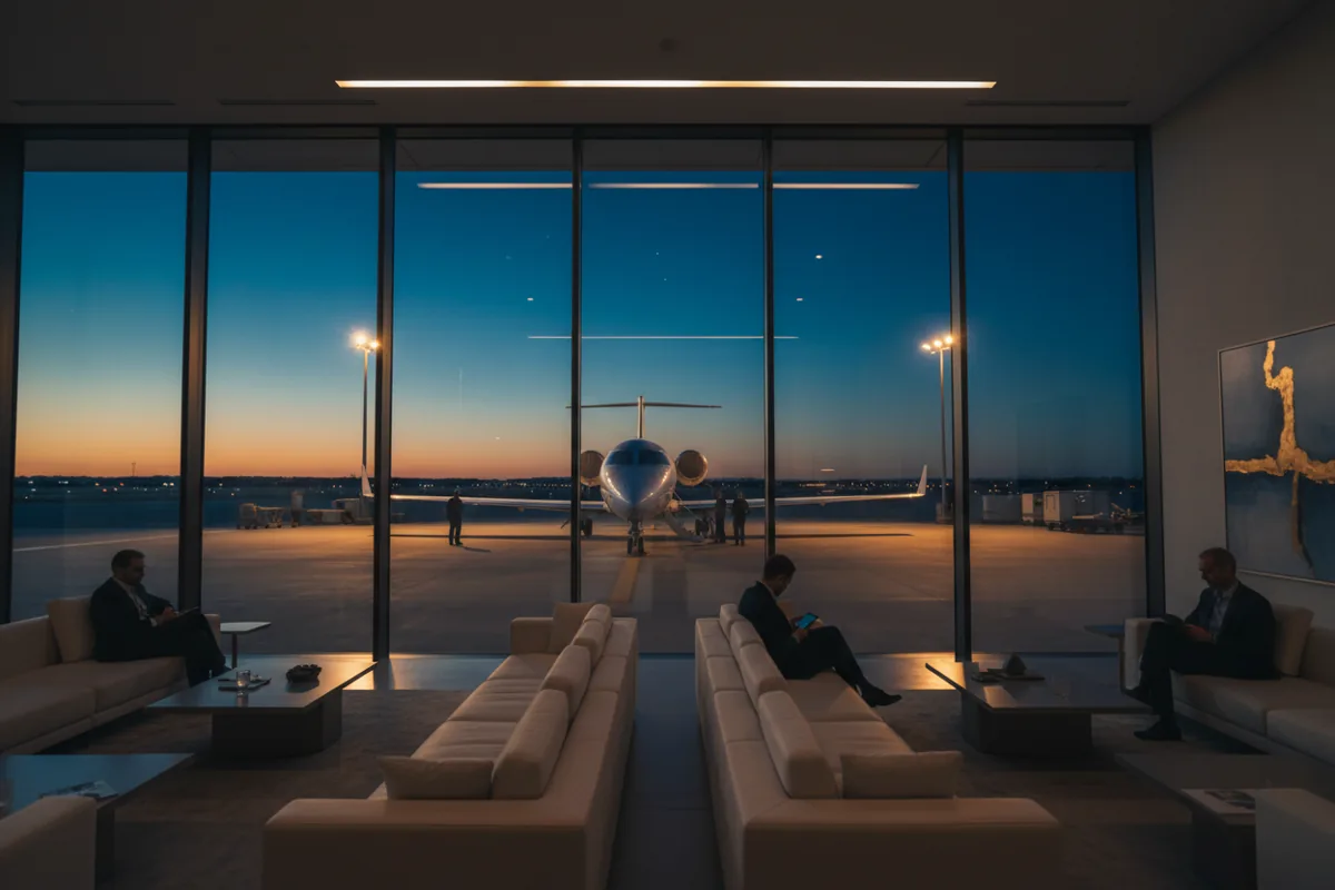 A private jet seen through the large window of a modern, luxurious airport lounge at twilight.