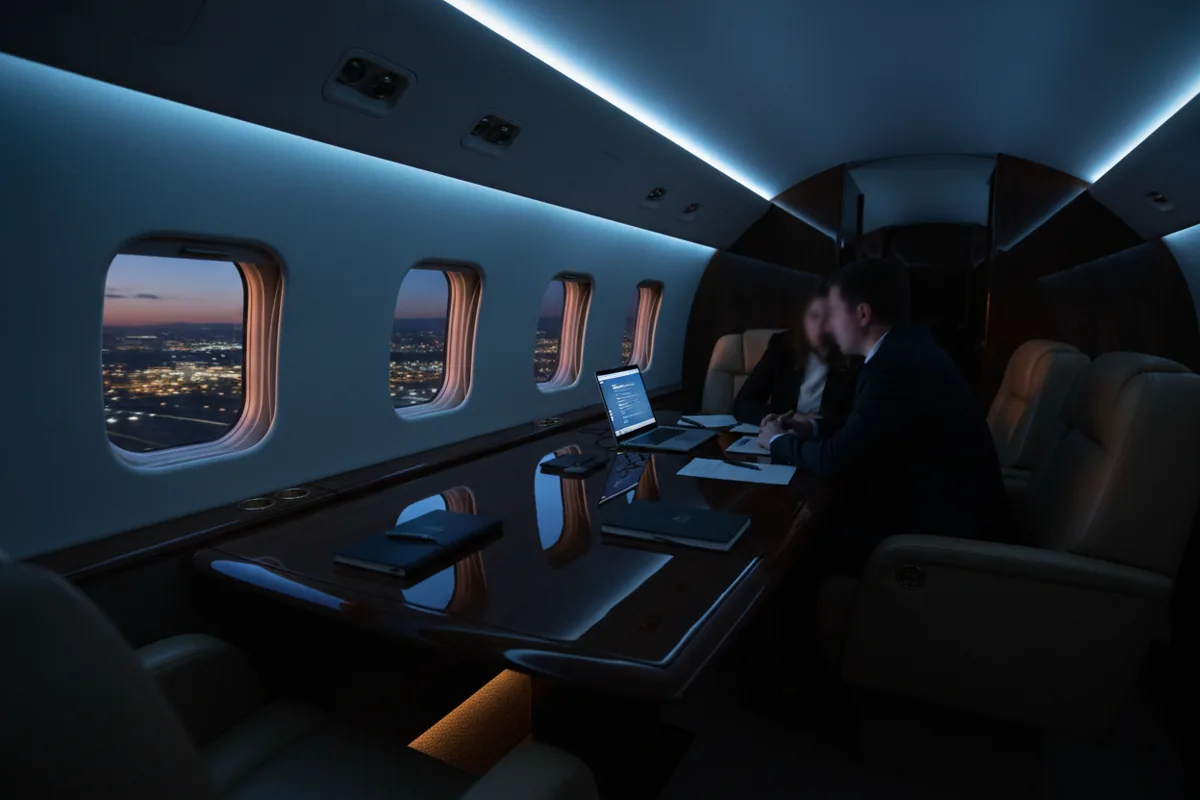 The luxurious interior of a private jet cabin set up for a business meeting, with city lights visible out the window.