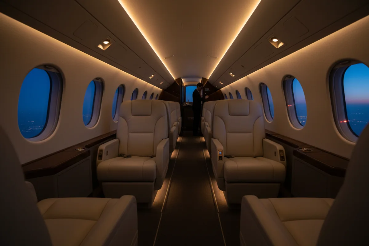 The empty, luxurious interior of a private jet cabin at twilight, seen from the rear of the aircraft.
