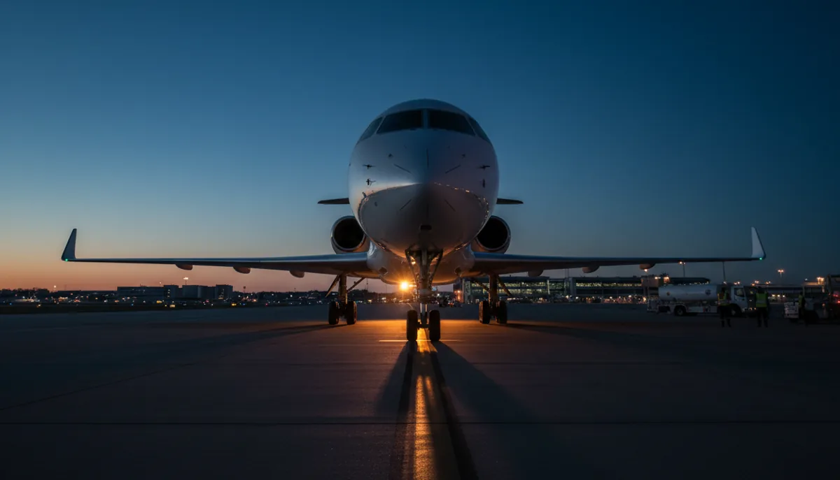 A large private jet on the tarmac at dusk, illuminated by warm airport lights from below.