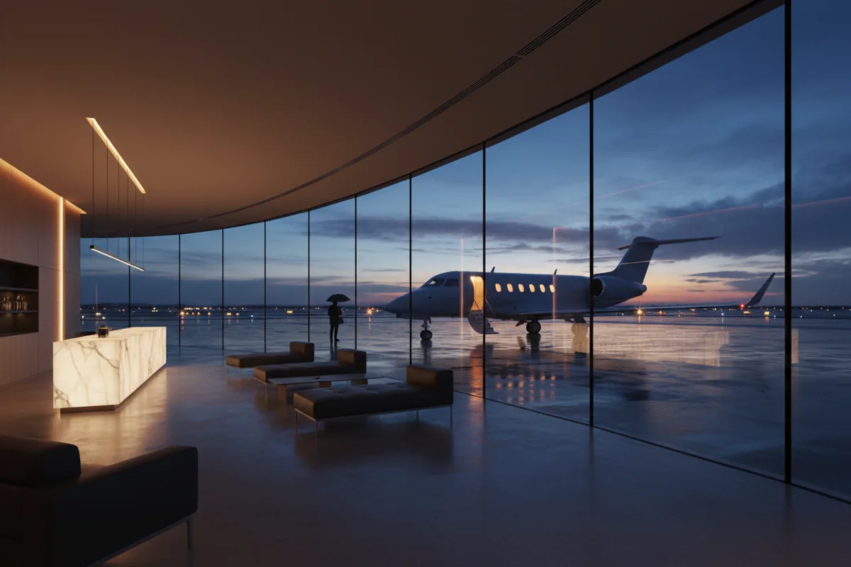 A private jet seen through the window of a modern airport lounge at dusk.