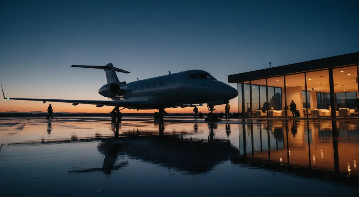A mid-size private jet on the tarmac of a private airport terminal at dusk.