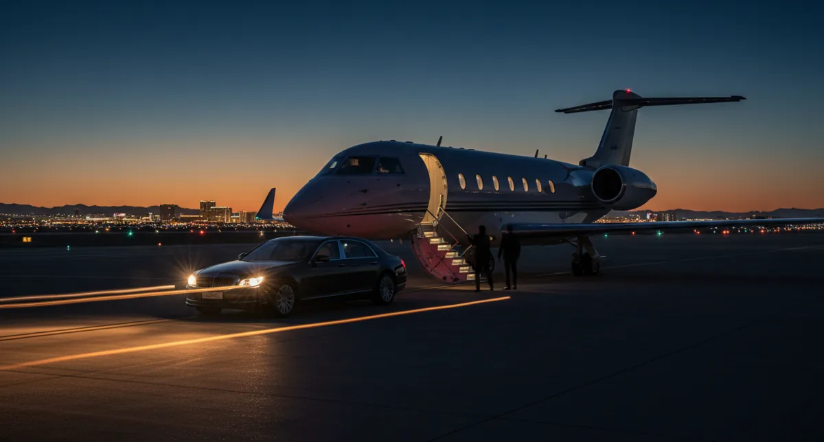 A luxury car waiting by the stairs of a private jet at a Las Vegas airport at twilight.