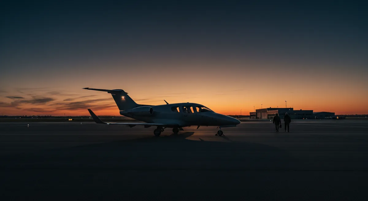 A small light jet parked on an airfield at sunset.