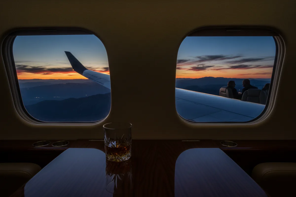 View from a private jet window of a mountain range at sunset.