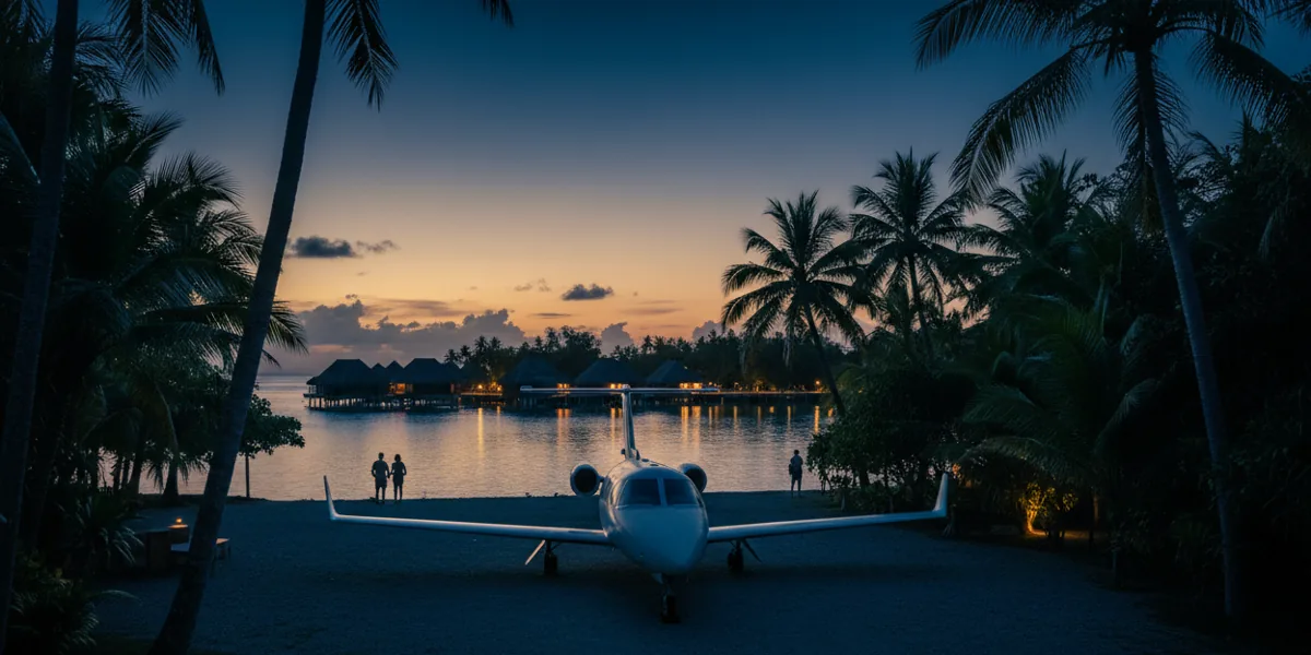 A private jet parked on a remote airstrip near a tropical resort at dusk.
