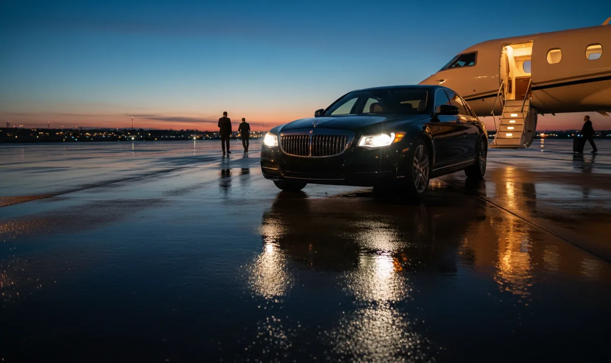 A luxury car waiting by the stairs of a private jet on a tarmac at night.