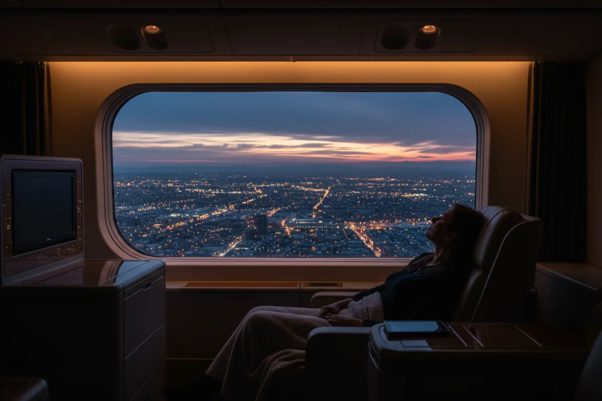 View from a spacious first-class airplane window overlooking a city at dusk.