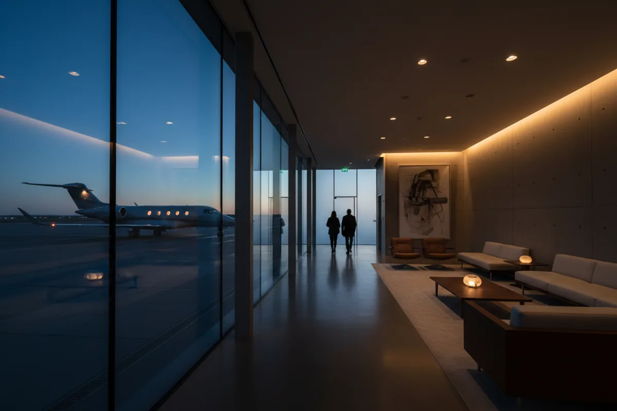 A modern private airport lounge at dusk with a private jet waiting on the tarmac.