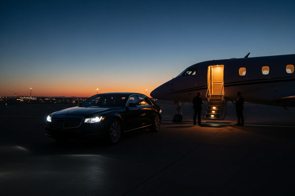 A luxury car waiting on the tarmac next to a private jet at twilight.