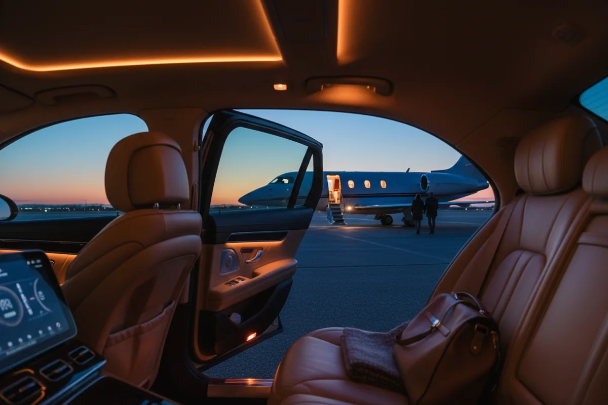 View from a car's open door looking at a private jet waiting on the tarmac at dusk.