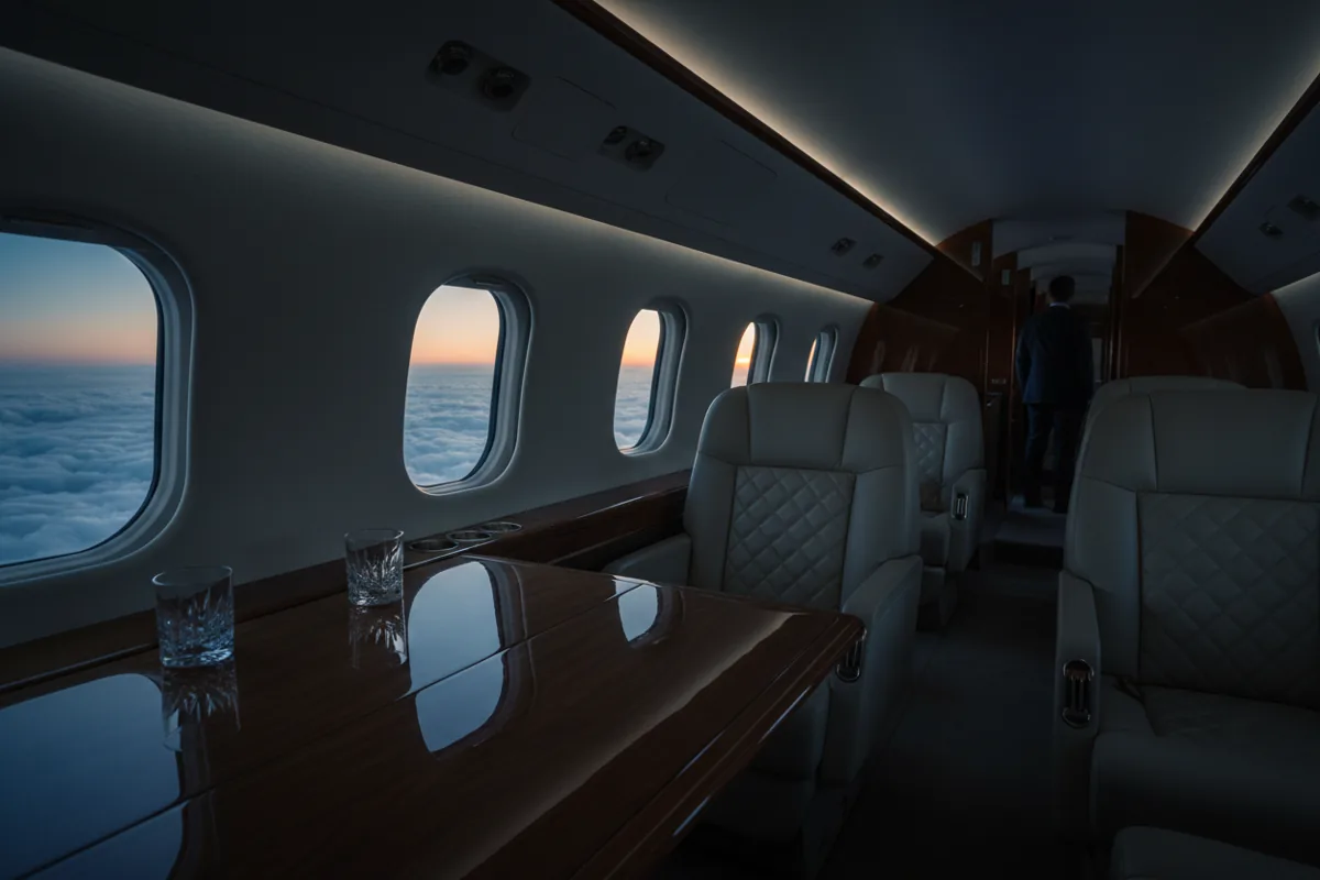 The empty, luxurious interior of a private jet cabin with a view of the sky and clouds through the window.