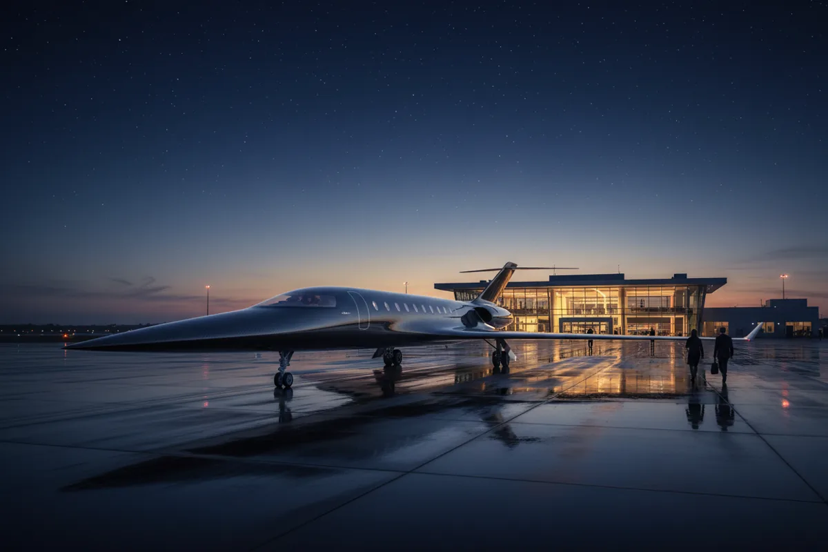 A futuristic supersonic private jet on a wet tarmac at dusk, reflecting terminal lights.
