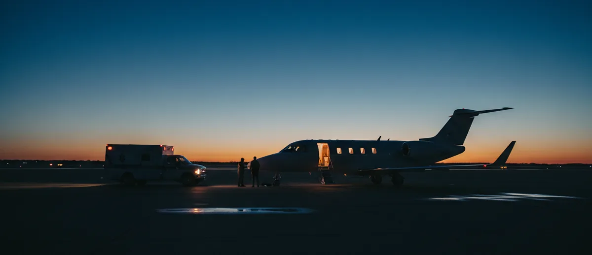 An ambulance parked near a private jet on an airfield tarmac just after sunset.