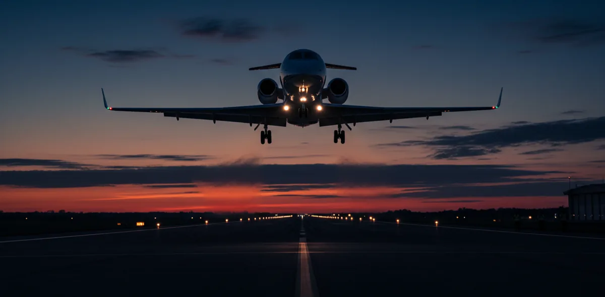A private jet takes off from a runway at dusk, its lights glowing against the dark sky.