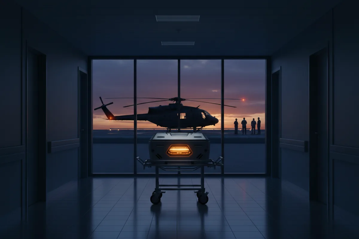 An organ transport cooler on a gurney in a hospital, with a helicopter waiting on a rooftop helipad outside the window.