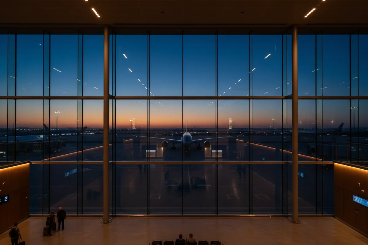 View of an airport tarmac and airplane at dusk from inside a modern terminal.