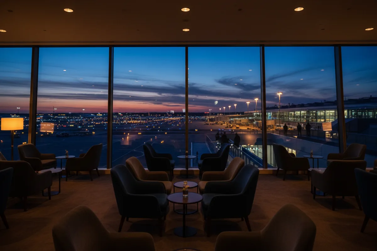 An empty, upscale airport lounge with comfortable seating overlooking the airfield at night.
