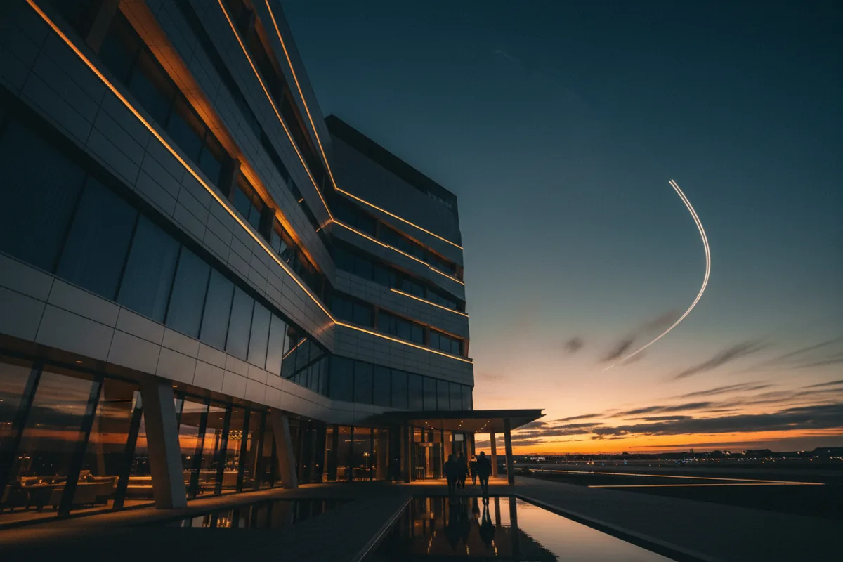 A modern hotel with glowing lights near an airport at twilight.