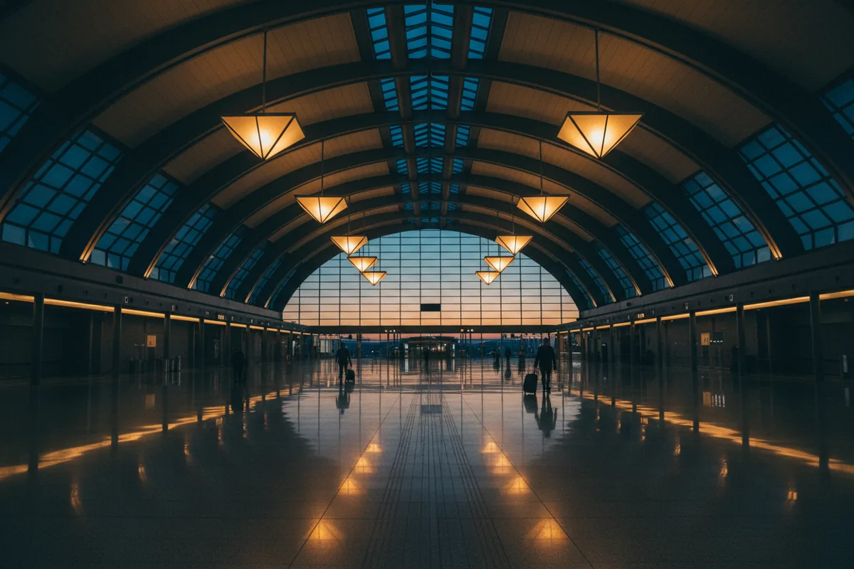 A spacious, modern airport concourse with high ceilings and warm lighting at twilight.